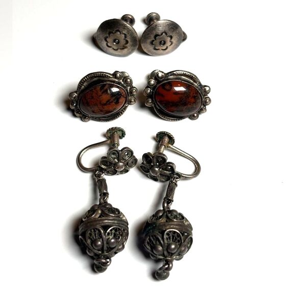 Vintage Jewelry - Vintage Silver Screw Back Earring Set of 3 Sterling, 935, Mahogany Obsidian